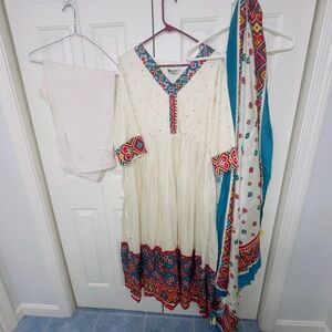 Embroidered Boho Cream full size Anarkali Dress with Patola borders in size 23”
